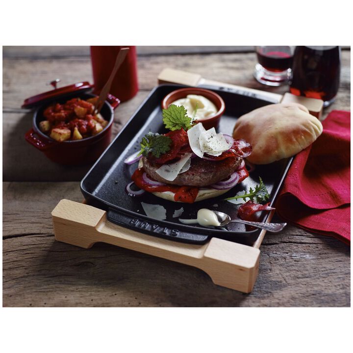 Cast Iron - Accessories, 13-inch x 9-inch, Rectangular Serving Dish With Wood Base, Black Matte, large 2