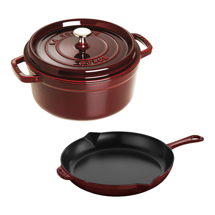 Cast Iron, 3-pc, Cocotte and Fry Pan Set, grenadine, large 1