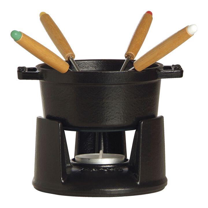 Cast Iron, 4-inch, 0.25-qt Mini Chocolate Fondue Set, black matte, large 1
